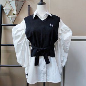 Puffy shoulder shirts with knit vest